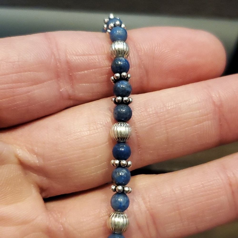 7 Inch 925 Sterling Silver Sodalite Stones And Heart Charm Bracelet